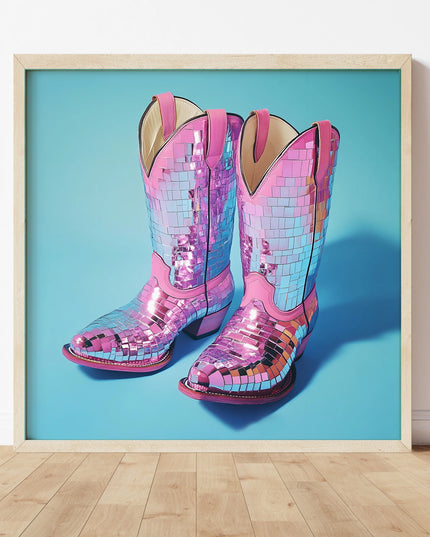 Disco Ball Pink Cowboy Boots on Blue 12x12 Art Print