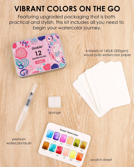 Grabie Watercolor Pocket Set of 12 with Brush - Floral Colors