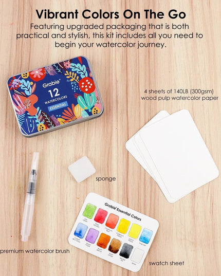 Grabie Watercolor Pocket Set of 12 with Brush - Essential Colors