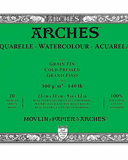 Arches Watercolor Block - 9" x 12", Cold Press, 20 Sheets