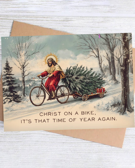 Funny Vintage Christmas Card - Christ on a Bike